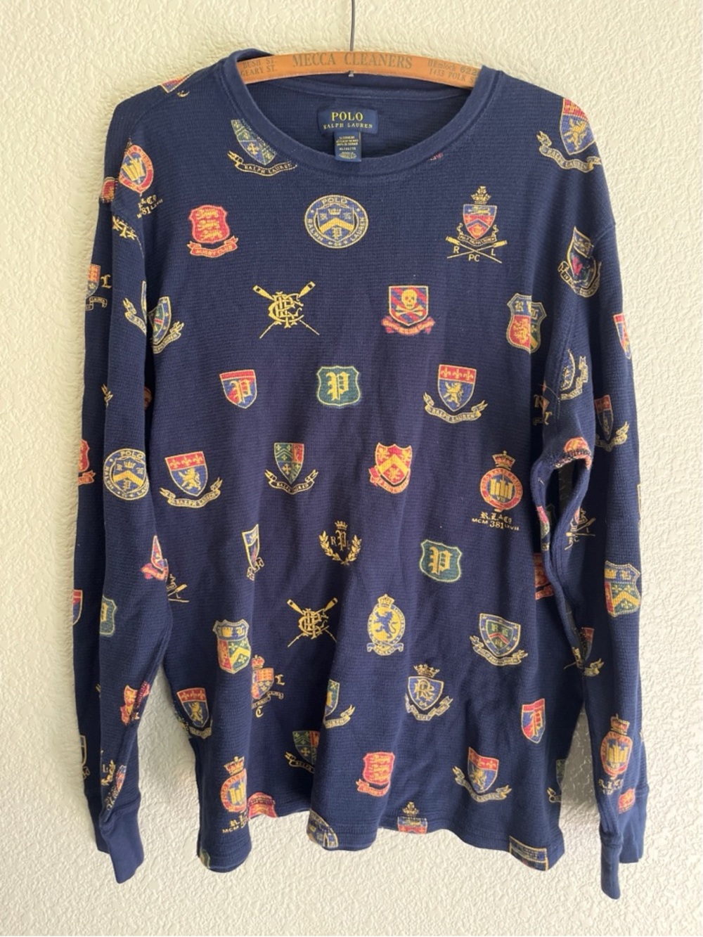 Polo Ralph Lauren Allover Crest Waffle Knit Long Sleeve Men’s Size XL